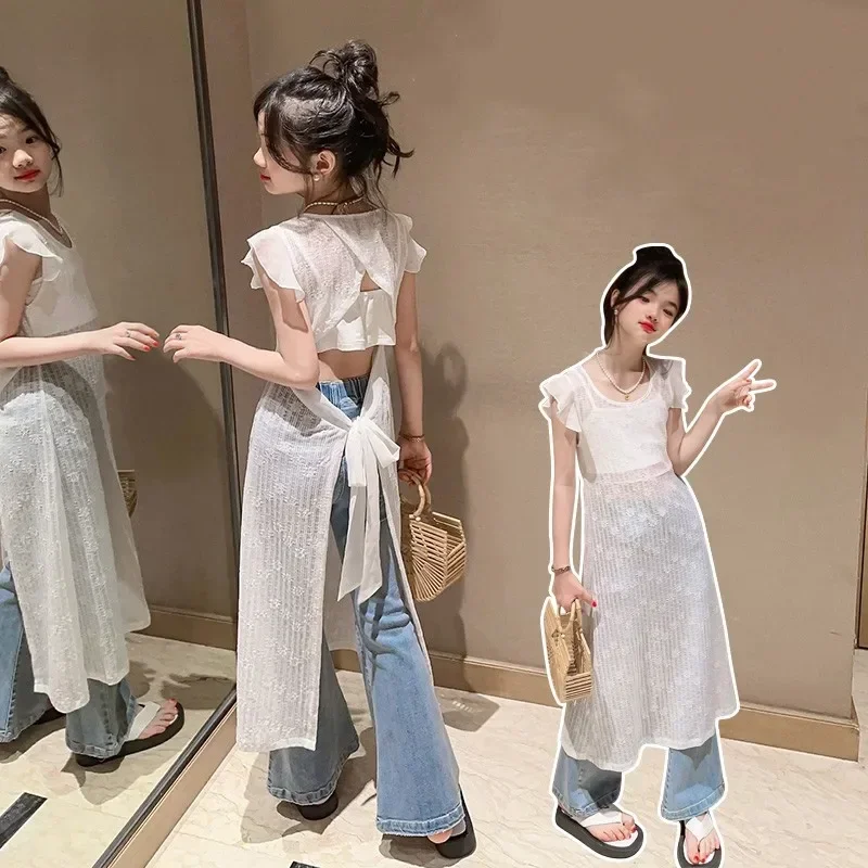 

Novelty Girls Clothes Long Tops Hollow for Back Lace Dress + Vest + Jeans Pants Suit 3pcs Set Sweet Summer Children's Clothing