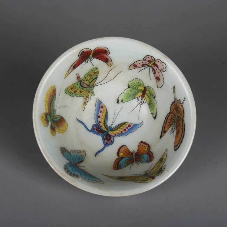 Antique Folk Kilns Of The Late Qing Dynasty And The Republic of China Pastel Enamel Butterfly Bamboo Hat Bowl Cup Tea Cup