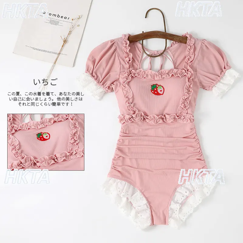 Strawberry Girl Japanese Lolita Sweet One-piece Triangle Swimsuit -cute Puff Sleeve Lolita Swimwear Micro Bikini Bathing Suit