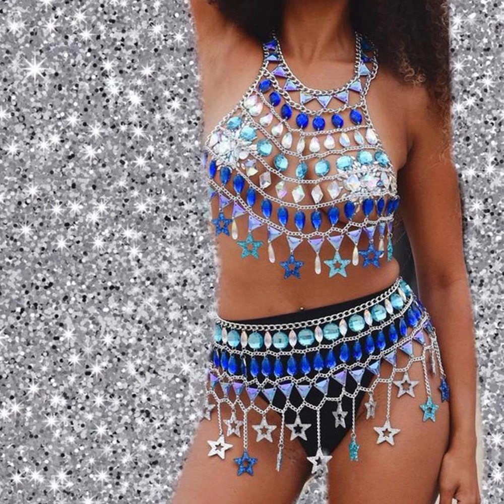 

Women 2 Piece Sets Sexy Gems Sequins Star Crop Tops Backless Metal Chain Mini Skirt Club Rave Party Festival Matching Outfits