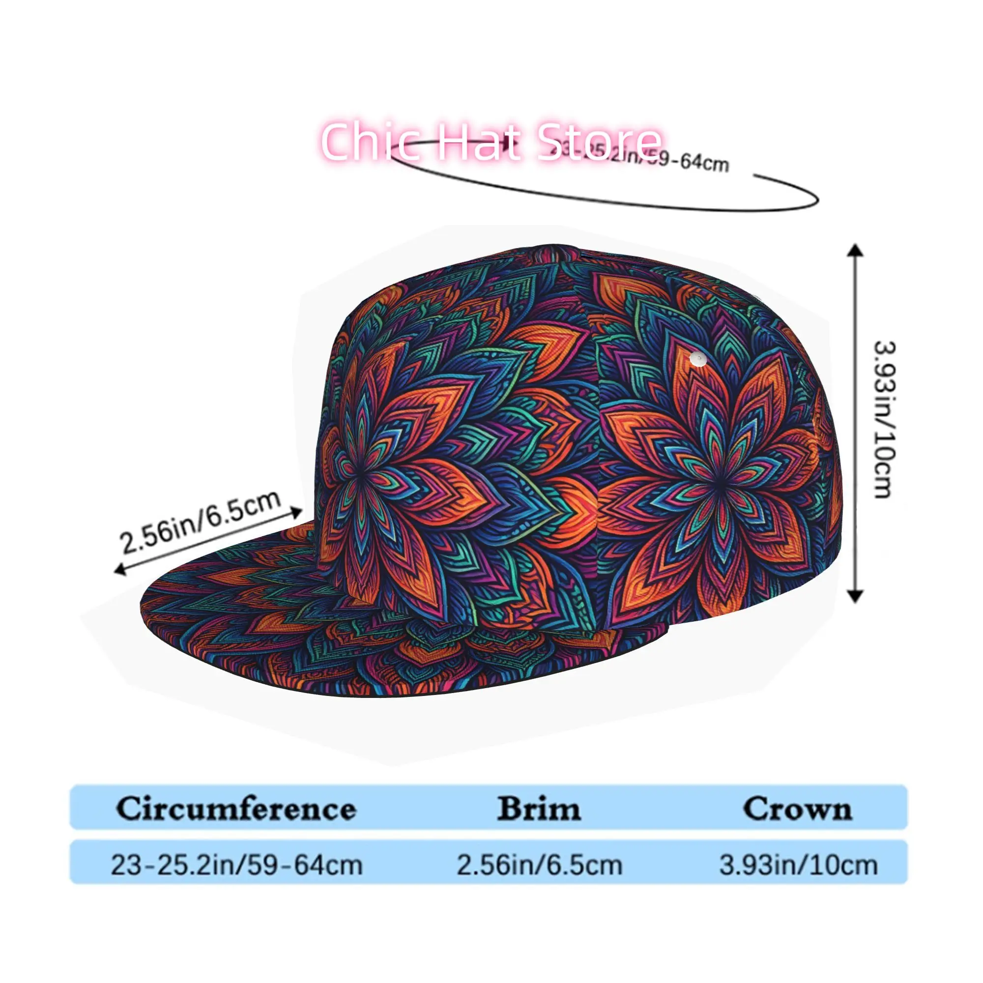 Vibrant Psychedelic Mandala, Unisex All Over Print Flat Brim Baseball Cap, Hip Hop Streetwear Snapback Hat for Skateboarding Dan