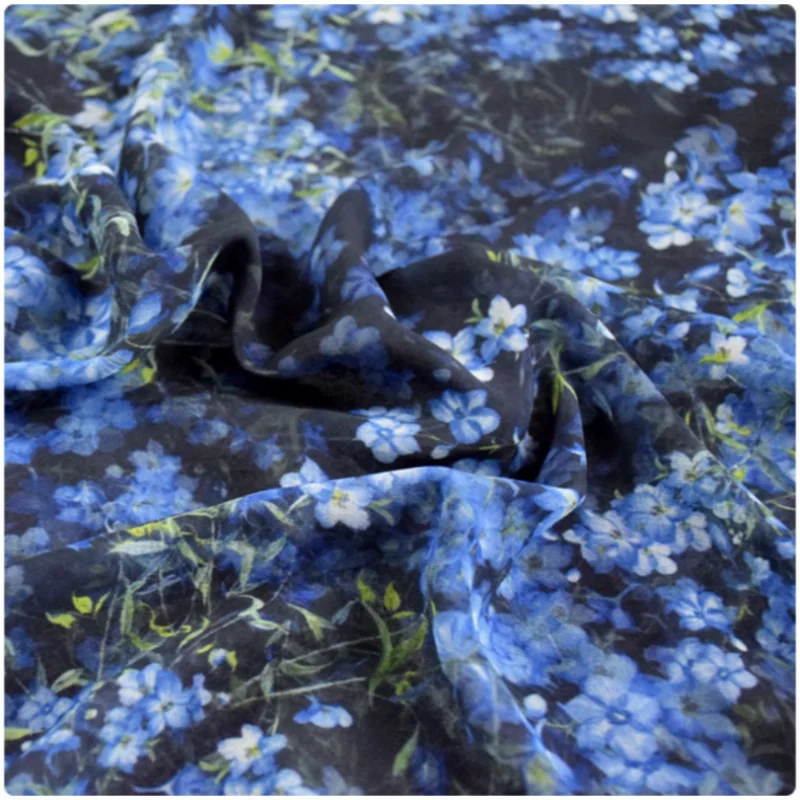 Elegant Black Bottom Blue Flower Print Chiffon Fabric, Dress Shirt Cheongsam Han Cloth Sewing Tissue, Soft Transparen, T2228
