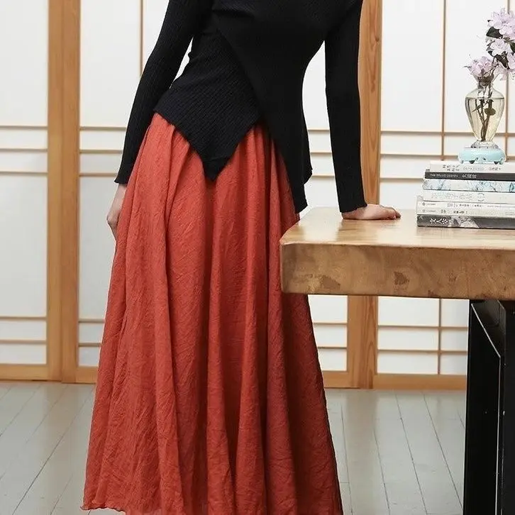 Literary and retro double-layer cotton and linen khaki skirt women's summer high-waisted long pendulum linen  long skirt