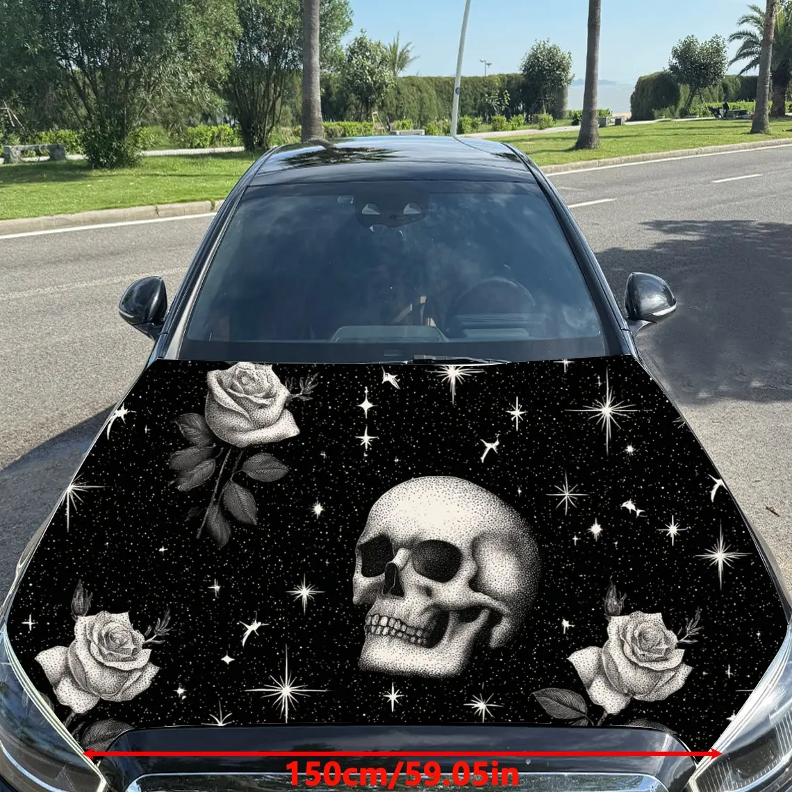 Car Decal Skull with Multiple White Roses and Stars in Black Background & Artistic, Gothic-Harmonious Visual Details Car Hood St