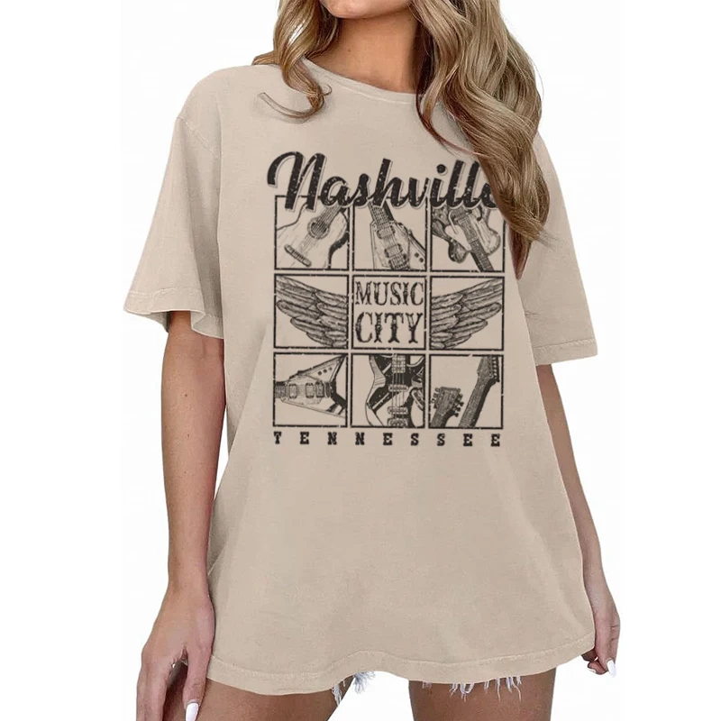 Women Country Music T Shirt Vintage Guitar Wings Rock Concert Outfit T-Shirts Short Sleeve Ladies Cute Nashville Tee Shirt Tops