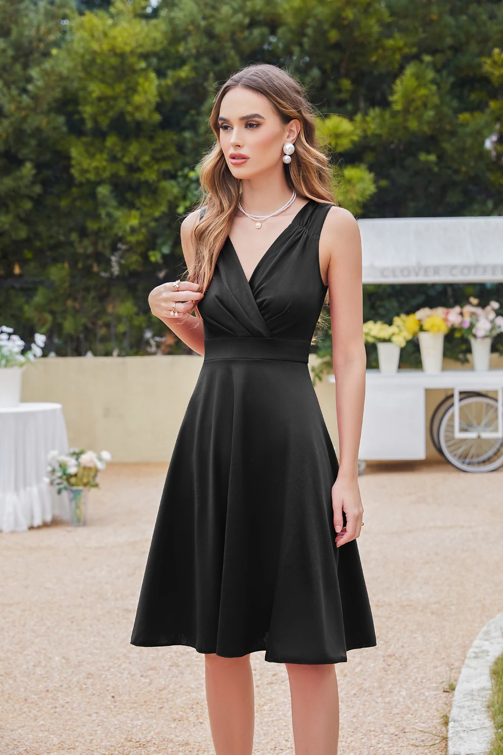 

Meekiss Elegant Cocktail Dresses A-Line V Neck Runched Bust Sleeveless Short Prom Party Gowns For Women Summer Robe De Soirée