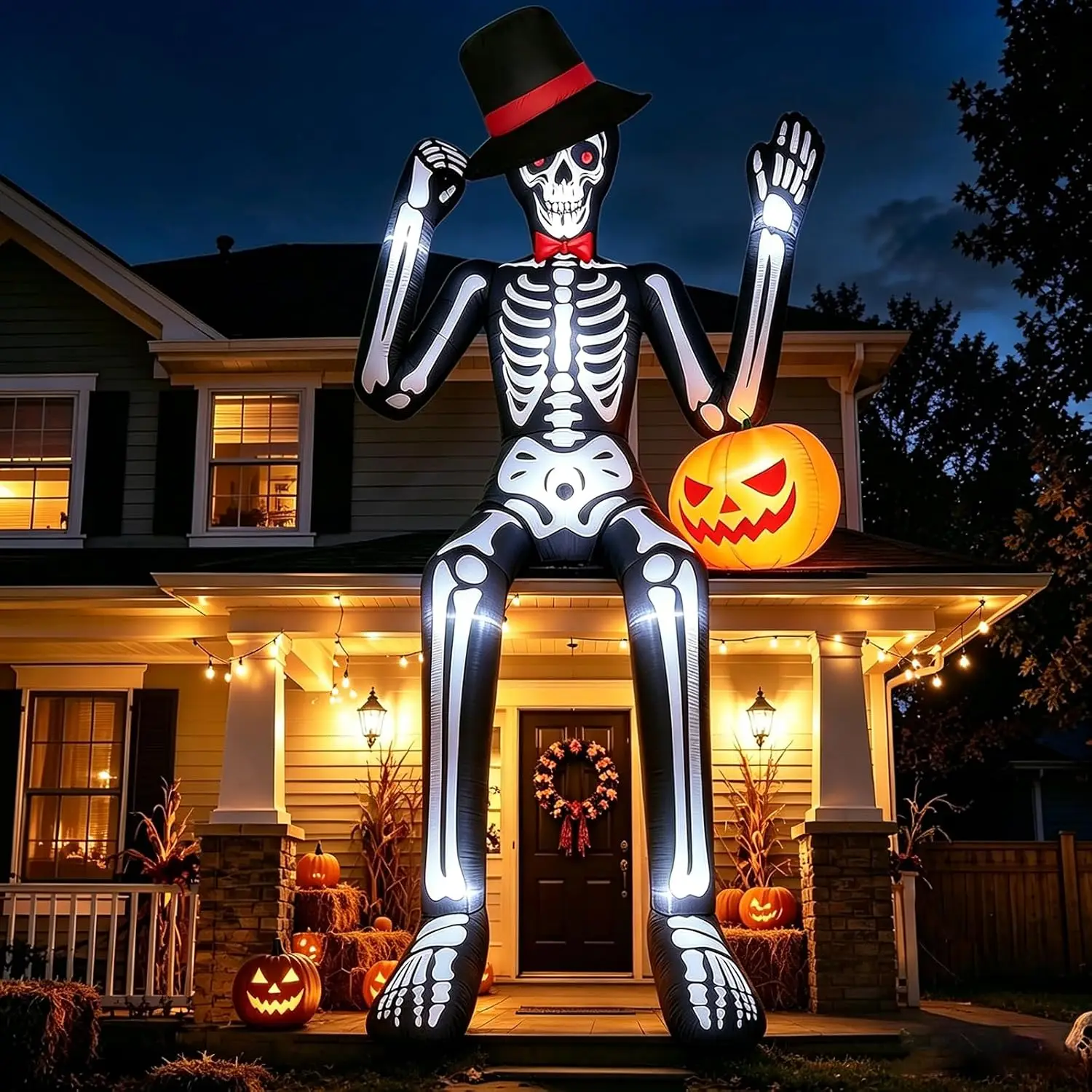 12FT Inflatable Halloween Decoration: Giant Seated Skeleton Holding a Pumpkin, Outdoor Blow-Up with Inbuilt LED Lights & Rapid Inflation, Ideal for Yard, Roof, Balcony, Lawn Garden - Spooky