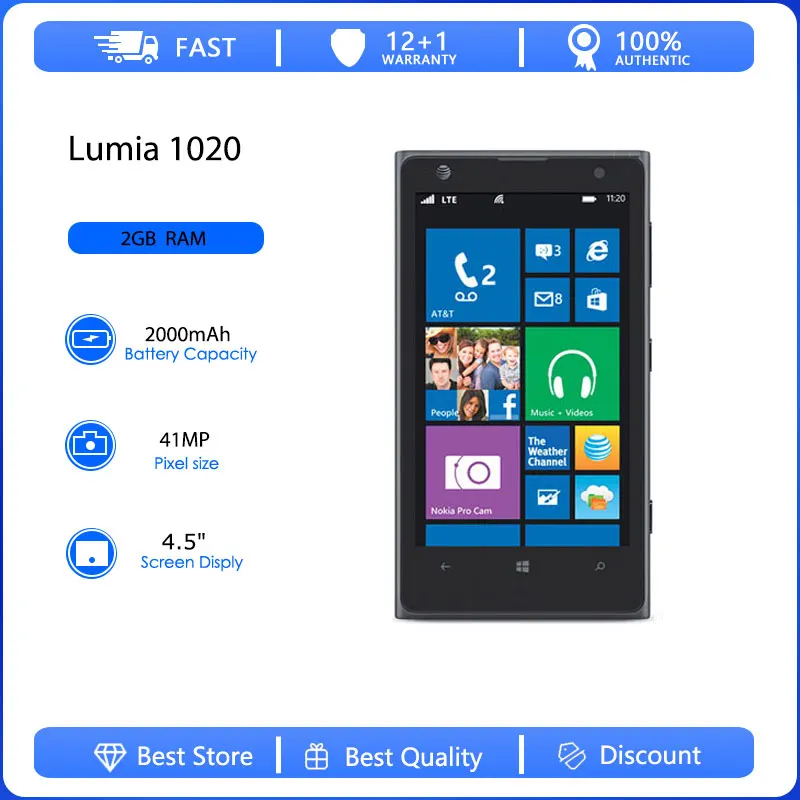 Téléphone portable reconditionné Lumia 1020 2G, simple SIM, débloqué GSM 900/1800, clavier russe, arabe, hébreu, fabriqué en Finlande