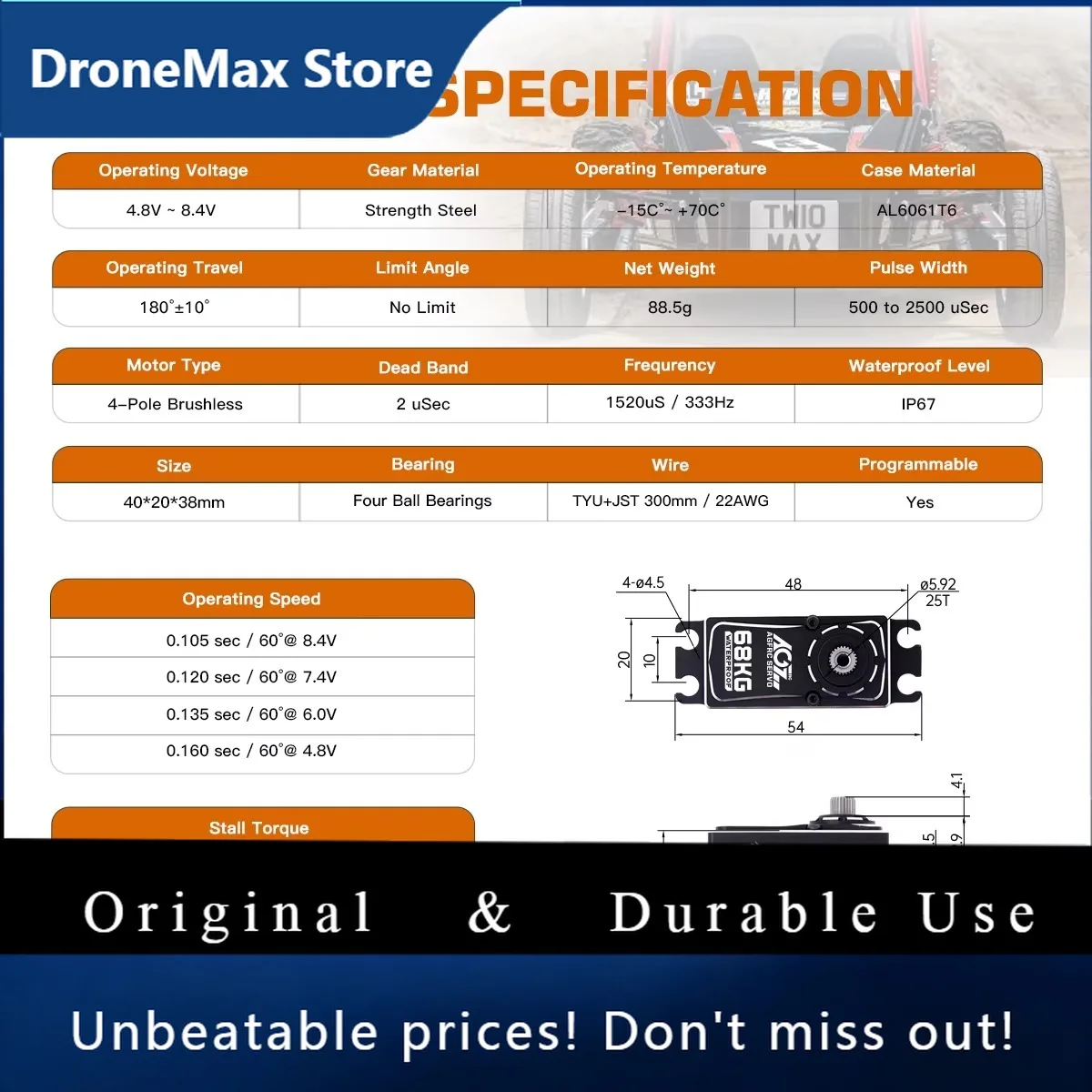DroMaAGFRC SA81FHSW 68KG Waterproof Monster Torque Steel Gear Brushless Large Smart HV Digital Servo For RC Car Boat Winch Aircr