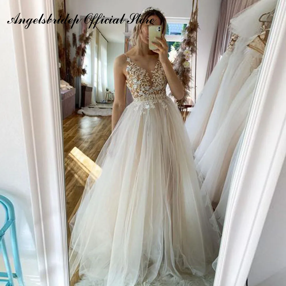 

Angelsbridep V-neck Elegant Tulle Wedding Dresses For Women Lace Appliques Long 2022 Bride Gowns Saudi Arabia Vestidos De Novia