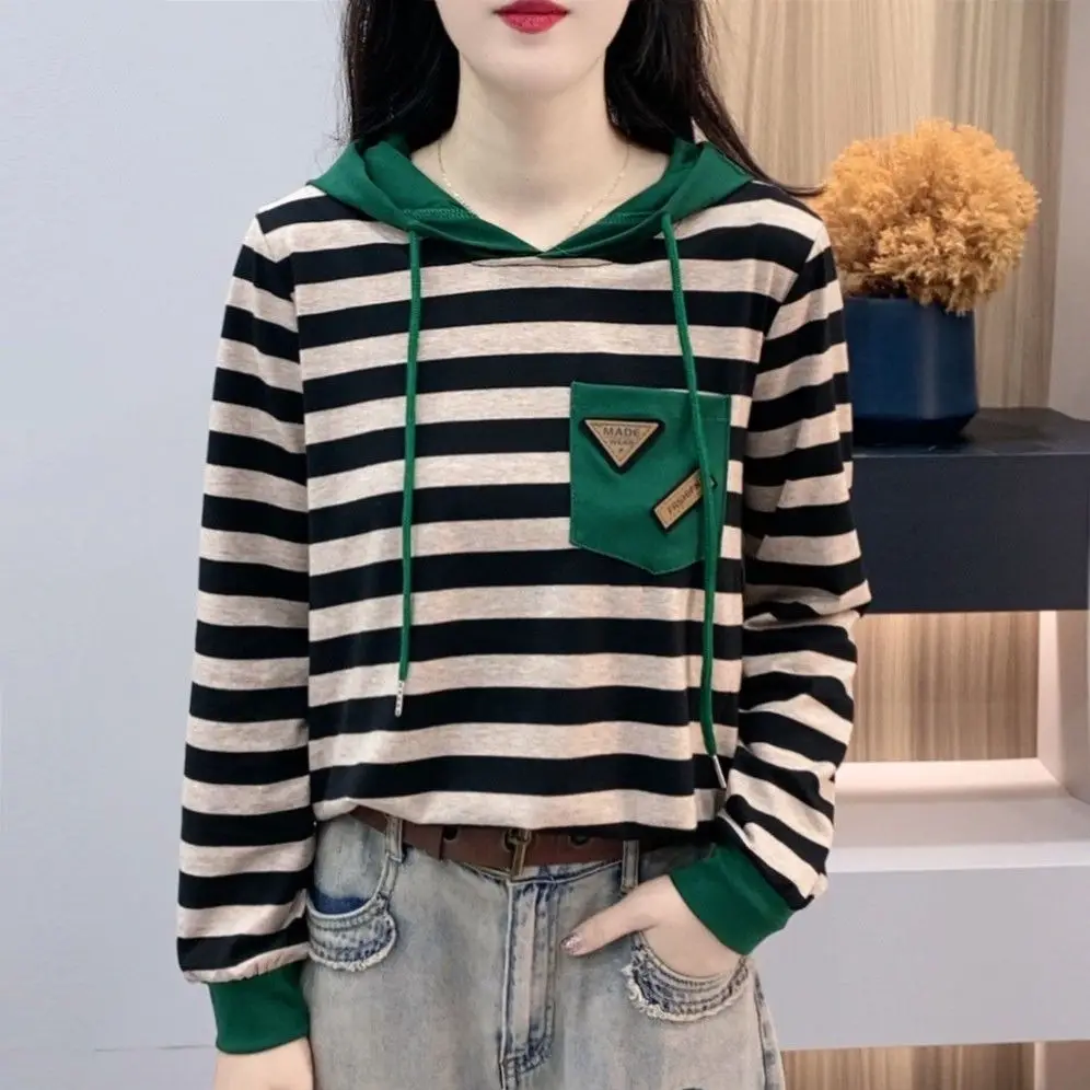 Autumn New Product Fashionable Versatile Casual Age Reducing Western Style Hoodie Hoodie with Drawstring Striped Sweatshirt Top