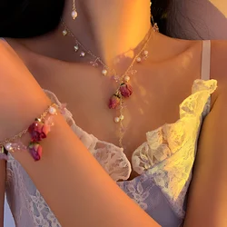 Korean Fashion Immortal Flower Pearl Necklaces Bracelet Earrings Set New Clavicle Necklaces for Women Jewelry Sets