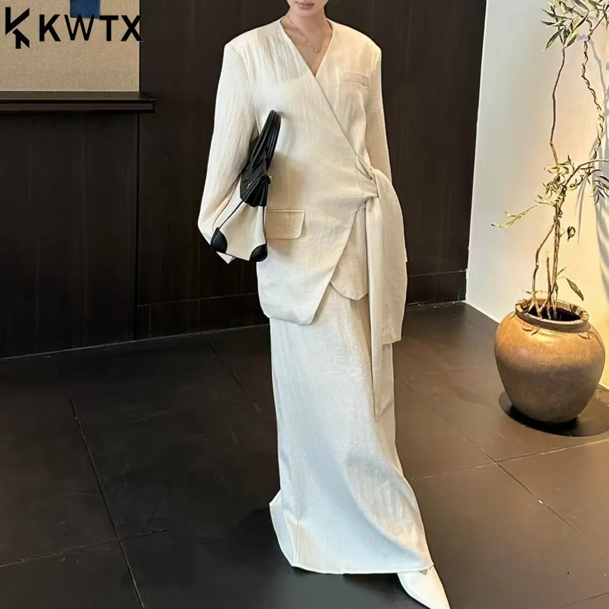 

KWTX Women's Blazer Skirt Set V-Neck Tie Front High Waist Two Piece Elegant Light Luxury Chic Minimalist Spring Summer 2025