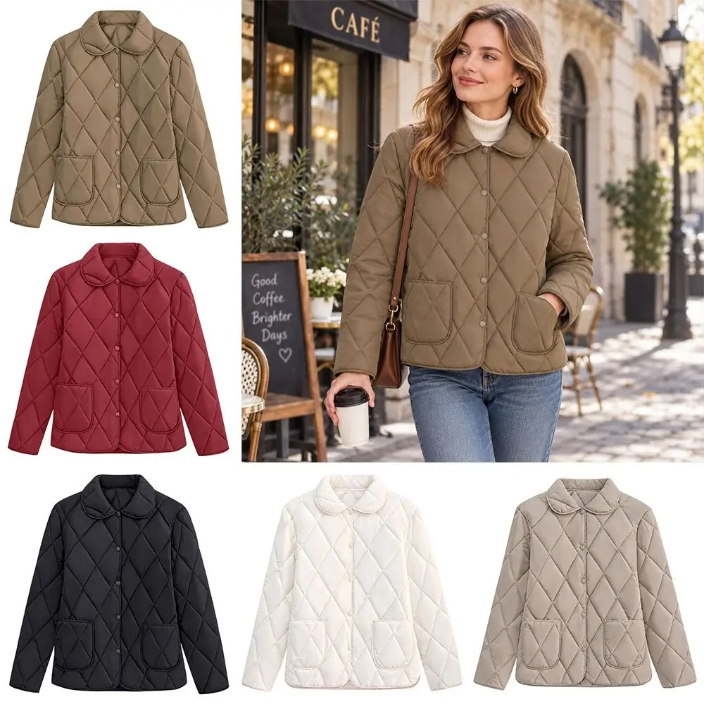 Rhomb Pattern Short Cotton Coat Warm Lining Big Pocket Casual Down Jacket Double-sided Wearable Turn-down Collar Light Jacket