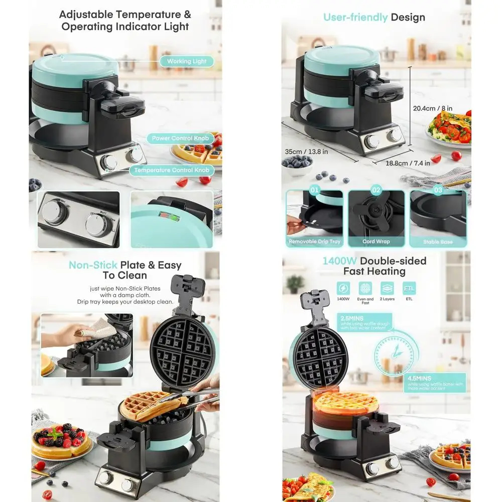 

Многофункциональная вафельница-омлетница, 1400 Вт, регулируемая температура, антипригарное покрытие, мятно-зеленый цвет