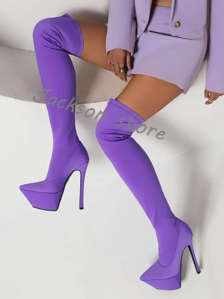 Women's Sexy Thigh High Boots Platform Thick Bottom Pointed Toe Stiletto High Heel Slip On Elastic Over The Knee Boots