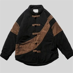 Parkas informales de estilo chino para hombre, chaqueta gruesa de algodón, pana, cálida, Retro, hebilla de disco, sólido, talla grande, Invierno