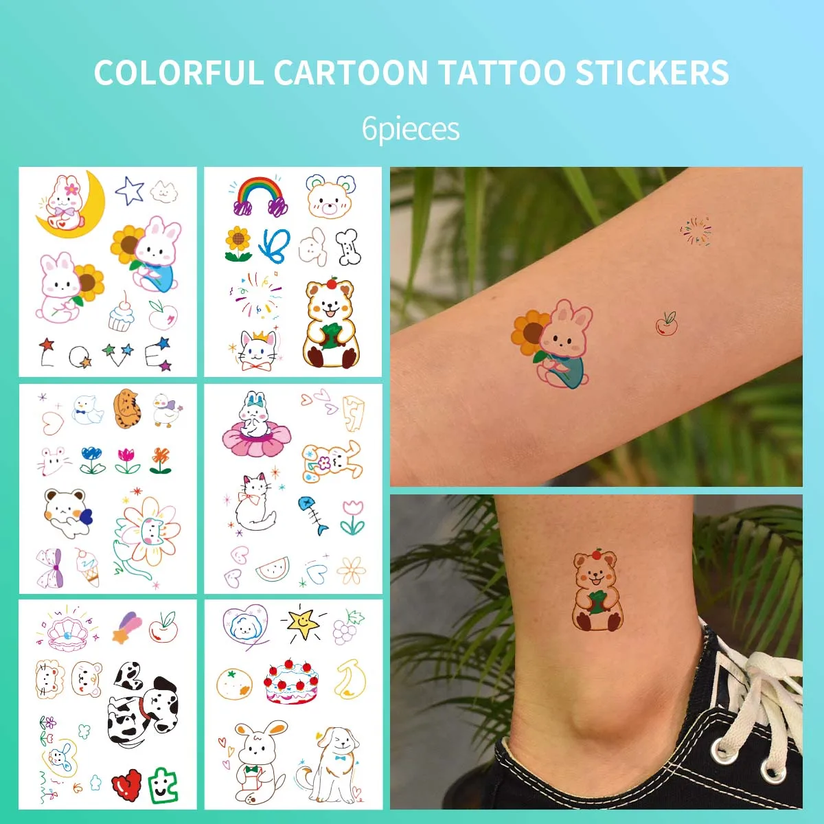 

6pcs New Colored Wrist Tattoo Stickers Mini Cartoon Pattern Cute Stickers for Women Girls Waterproof Semi Permanent Tattoos