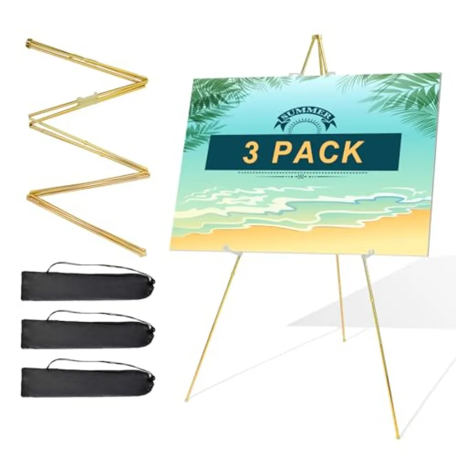 

Easel Stand for Sign 63'' Art Easels for Display Wedding Welcome Poster Stand Portable Floor Metal Easel Gold 3 Pack