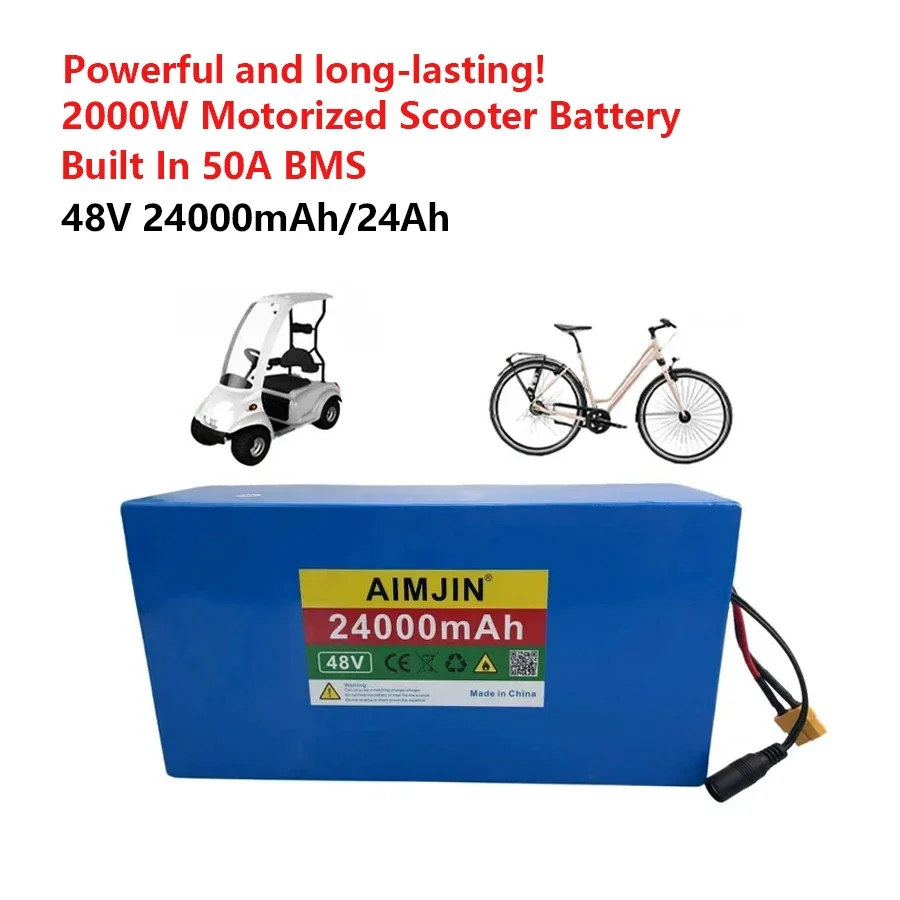 48V Battery Pack 24Ah 18650 Lithium Battery 1000W High Power 54.6V Electric Scooter Battery Built-in 50A BMS