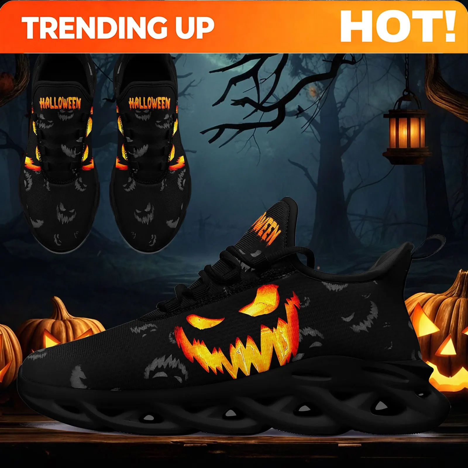 Customization Casual Sneakers For Women Featuring A Spooky Flame Design For Halloween, Perfect For Trick-Or-Treating