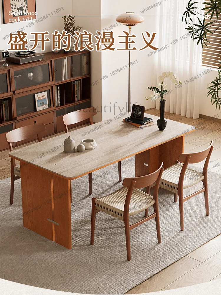 French Cream Wind Tunnel Stone Slate Dining Table Small Unit Dining Table Solid Wood