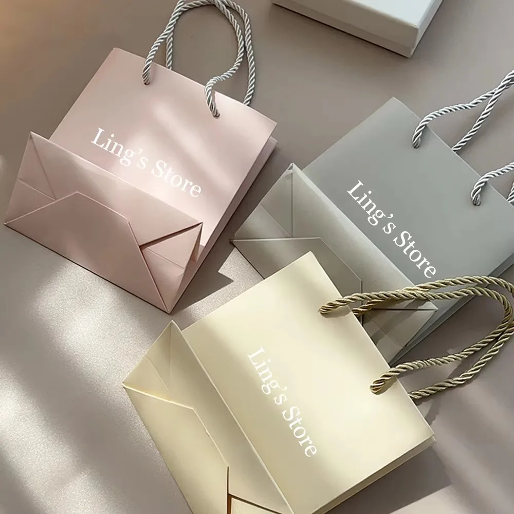 Sacs à poignée en papier pour bijoux, 24 pièces, 14x15x7cm, Logo personnalisé, blanc, gris, rose, cadeaux de mariage, emballage de rangement, pochette personnalisée