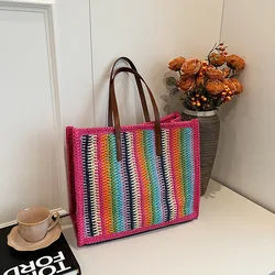 Summer Large Capacity Rainbow Stripes Straw Bag Fashion Color Contrast Hand Knitting Shoulder Bag Vacation Weave Beach Bag 2024