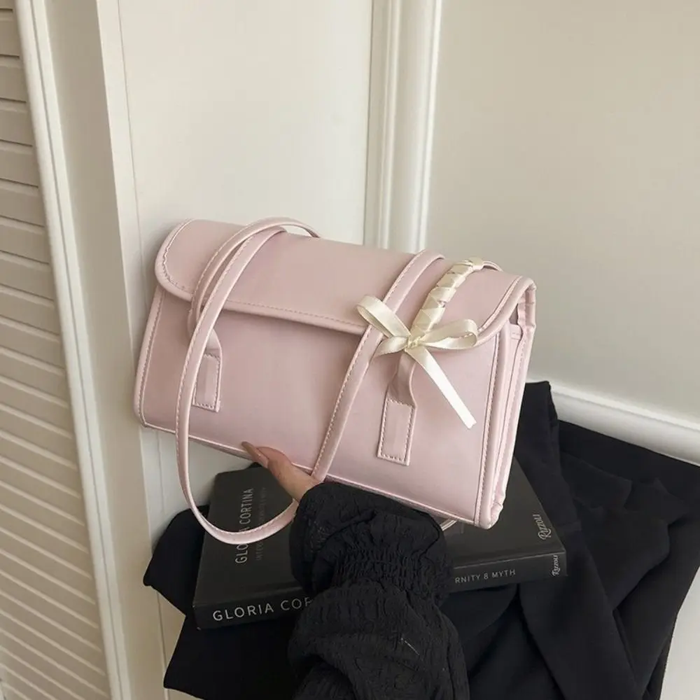 العصرية الحلو Y2k القوس أشرطة حقيبة كتف سعة كبيرة بولي Leather جلد الفتيات حقيبة يد بلون المحمولة تحت الإبط عادية