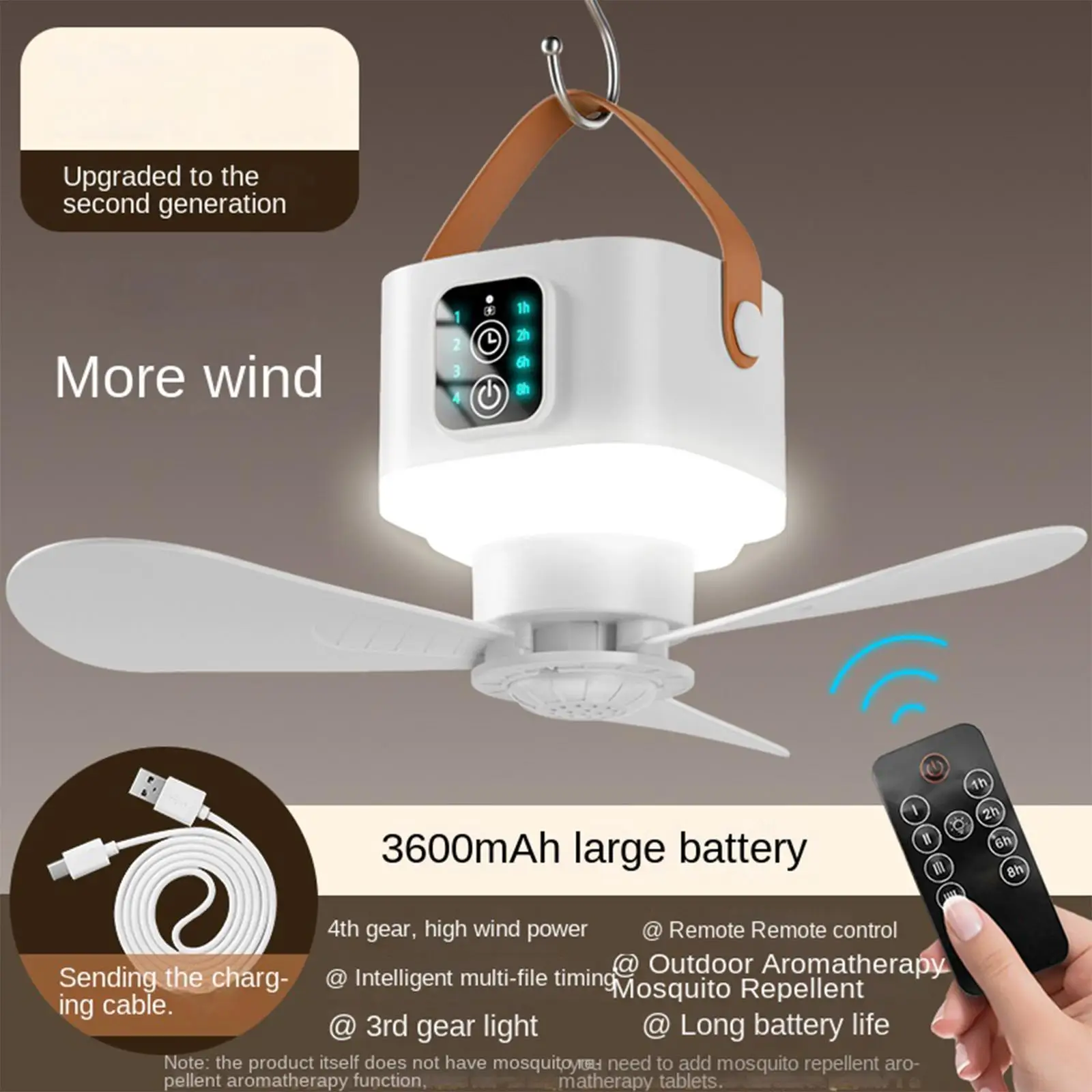 Rechargeable Ceiling Fan Remote Control 3600mAh LED Light Gazebo Canopy Fan USB Powered Portable Hanging Fans for Bedroom Dorm