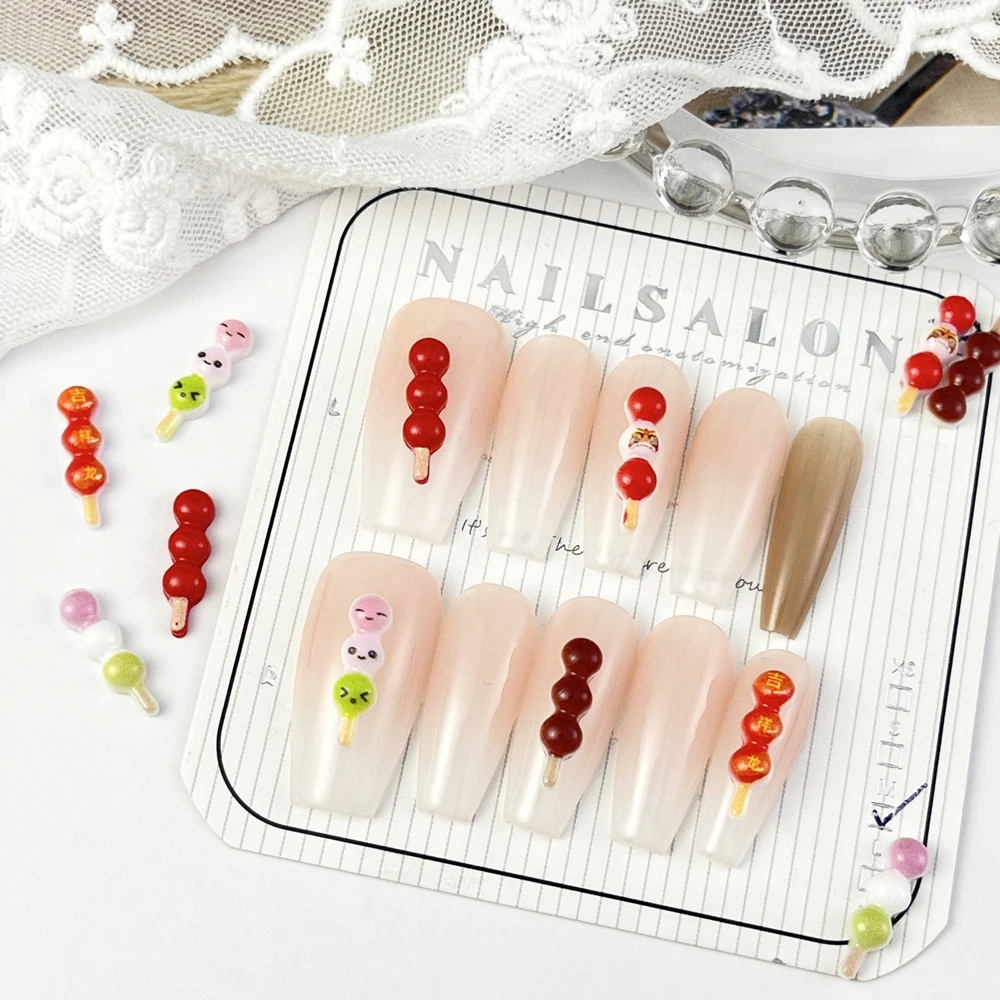 20Pcs Resin Simulated Dessert Nail Art Charms Chinese Dim Sum Candied Haws On A Stick Nail Decoration DIY 3D Nail Accessories