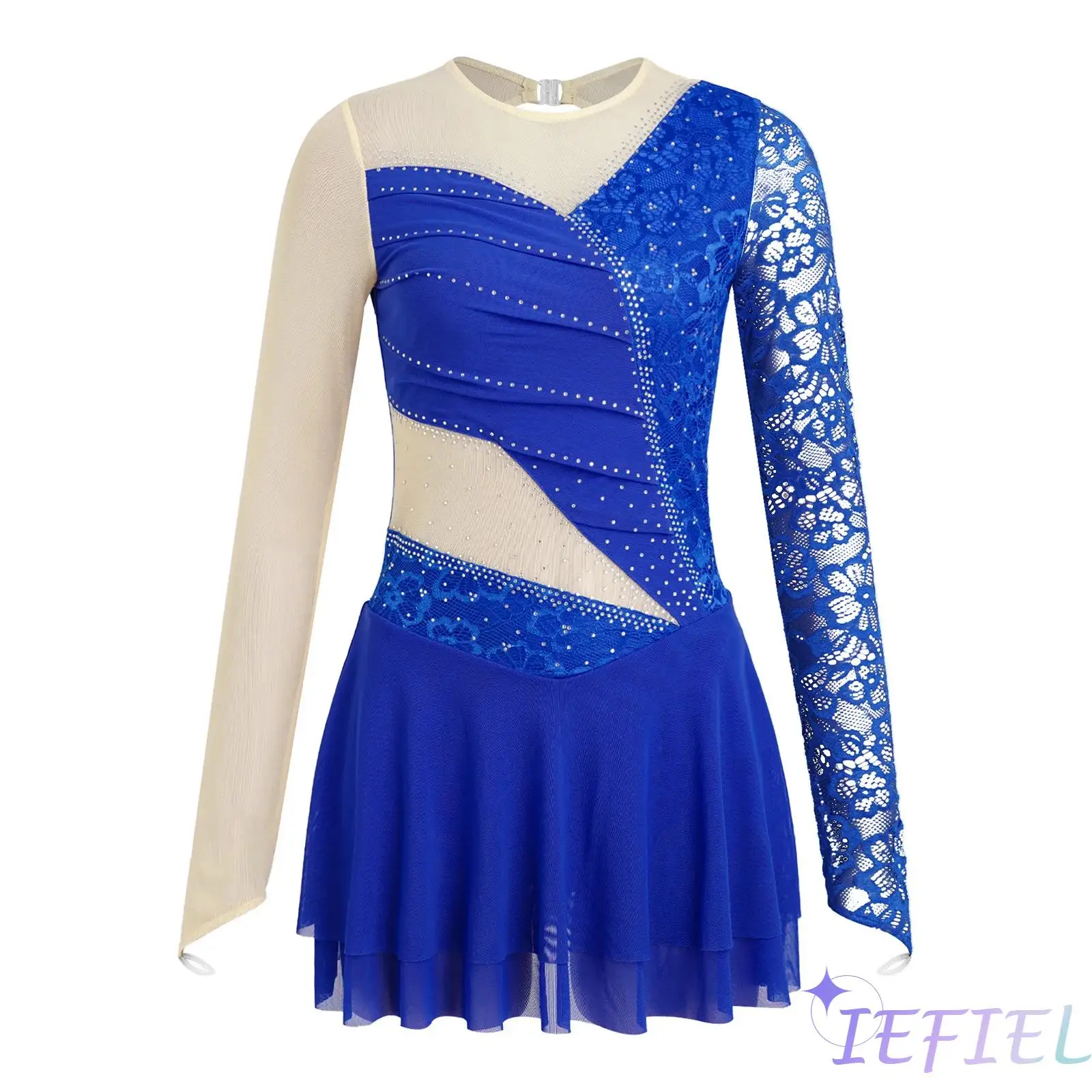 

Women Figure Skating Dress Glittery Rhinestone Long Sleeve Backless Mesh with Floral Lace Patchwork Bodysuit for Gymnastic Latin