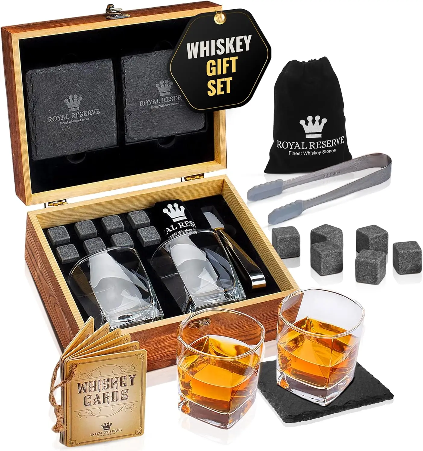 

Whiskey Stones Gift Set with Glasses, Chilling Rocks, Coasters and Tongs for Men Dad Husband