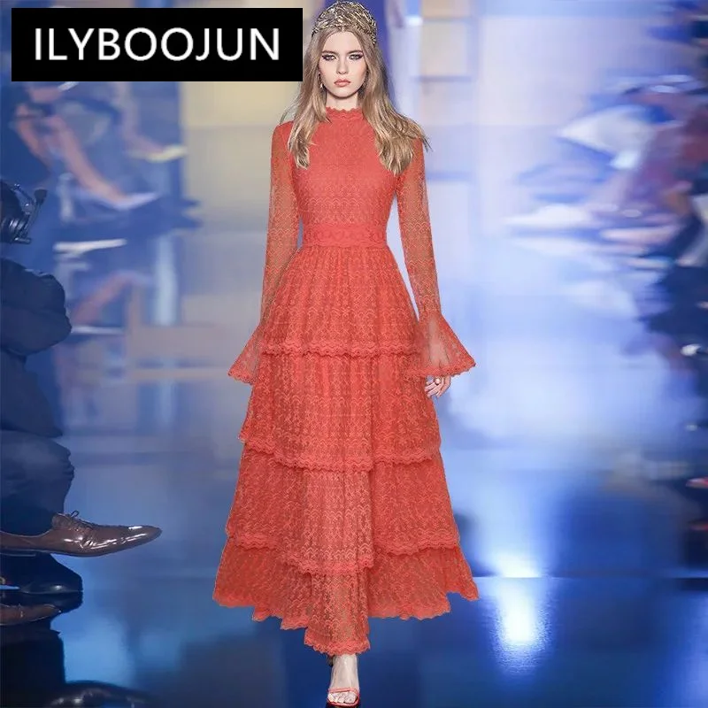 ILYBOOJUN Spring Summer Women's dress Flare Sleeves Dresses Mesh Embroidery Cascading Ruffle Party Maxi long Cake Dresses