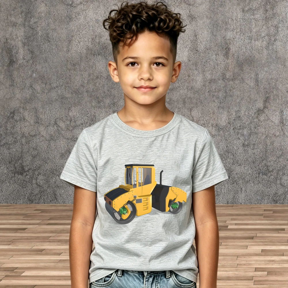 Boys Summer Cotton T-Shirts Road Roller Pattern Casual Short Sleeve Kids Tops