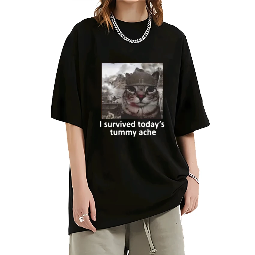 Funny Cat I Survived Today's Tummy Ache T Shirt New Men's cotton t-shirt Short Sleeve Men Women Casual Oversized Streetwear Tee