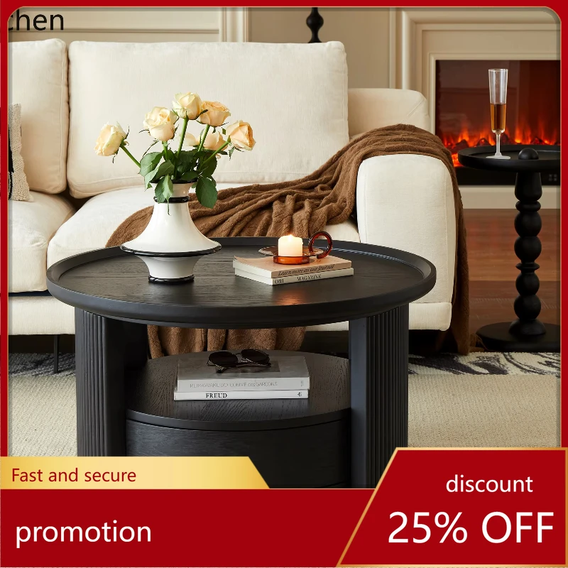 

HXL coffee table TV cabinet combination American solid wood small apartment round living room household medieval tea table