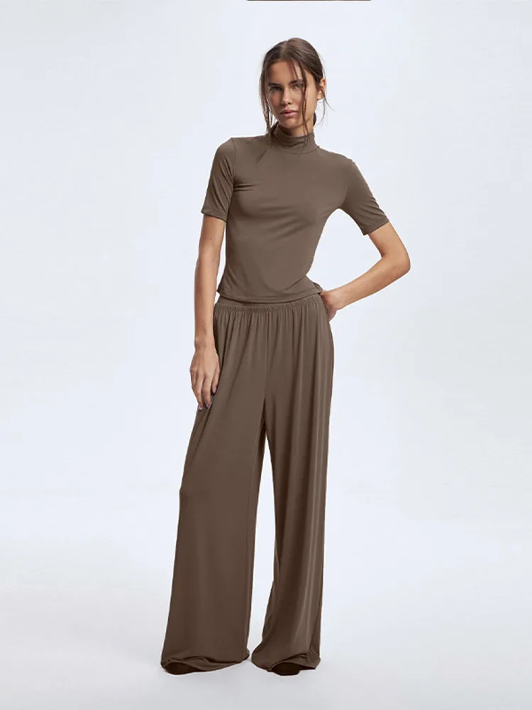 

Casual Pants Sets Women O Neck Short Sleeves Soft Suits Female 2025 Spring Summer Fashion Solid Wide Legs Sets 2 Pieces Lady