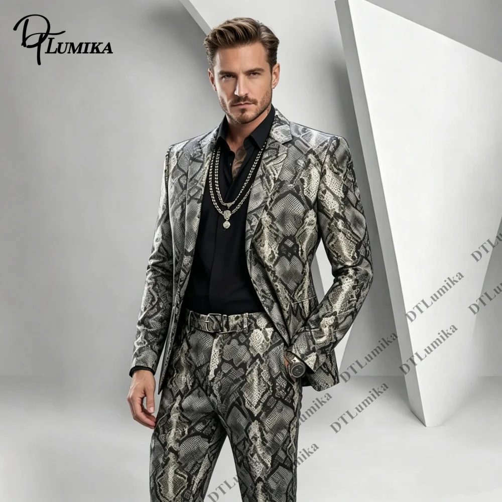 Grey Beige Vintage Snake Skin Full Print Men 2 Piece Suit Blazer Matching Straight Trousers Set For Studio Fashion Shooting
