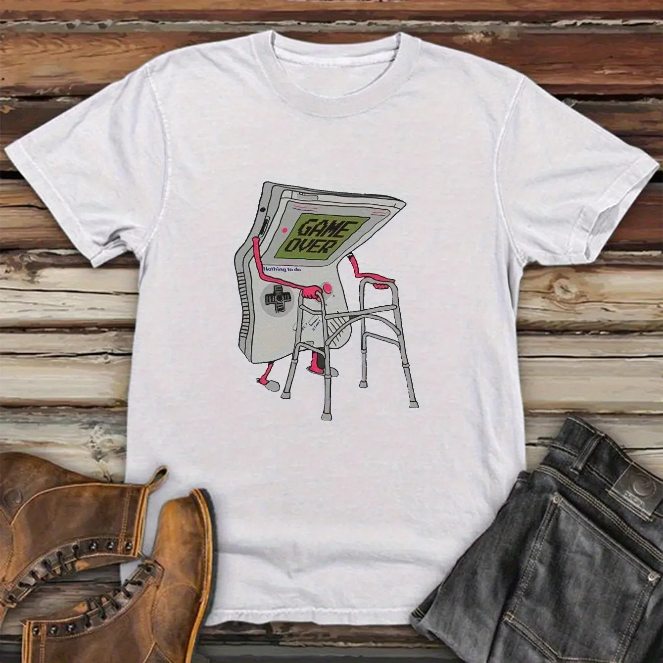 Men's Y2K Retro Gaming T-Shirt Black Gamer Tee with Vintage Game Over Graphic Crew Neck Shirt for Casual Arcade Parties
