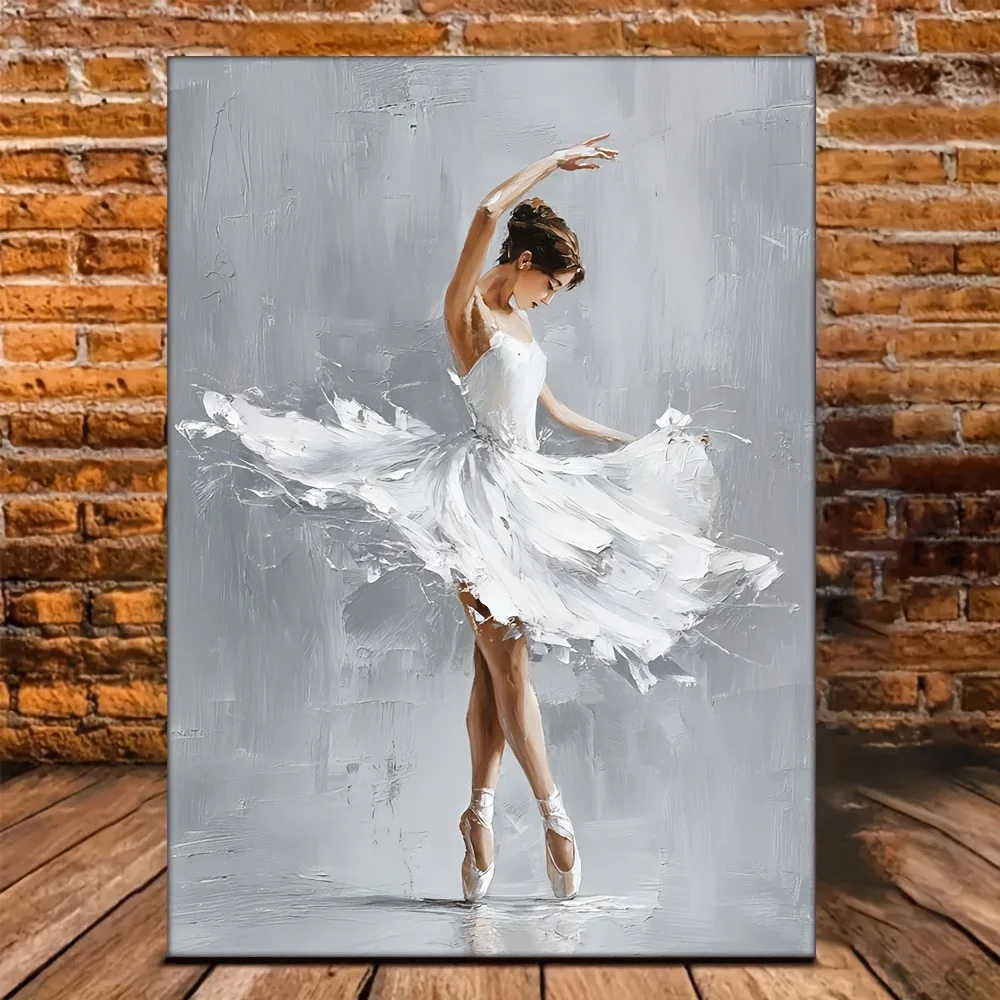 (No frame)1pc Framed 12x16 Inch White Ballerina Oil Painting on Canvas - Elegant Ballet Dancer Wall Art with Wood Frame, HD M