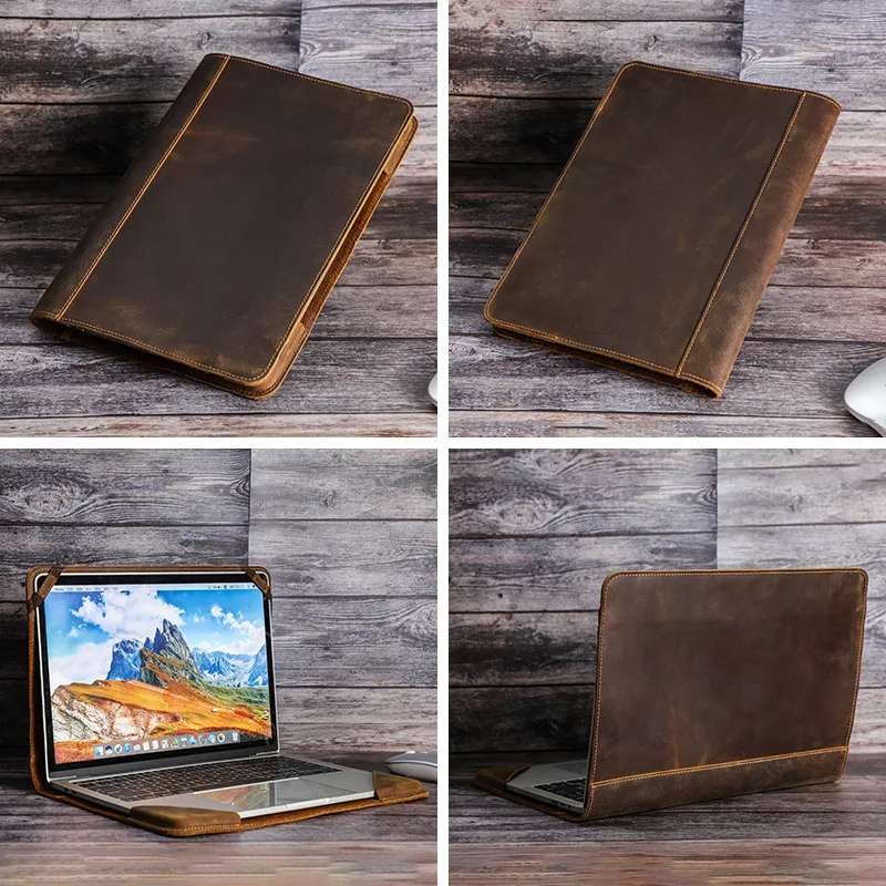 Brown Crazy Horse Leather Laptop Sleeve Genuine Cowhide Standable Protective Case for MacBook Laptops Business Travel Briefcase