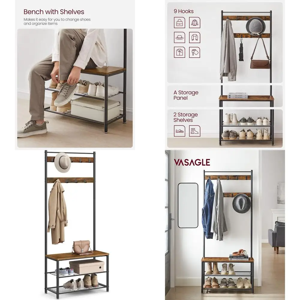 

Многофункциональная пристенная скамья 3-в-1 для прихожей с местом для обуви и вешалкой для одежды, в стиле рустик, коричнево-черная, 12.6x27.6x68.9 дюймов