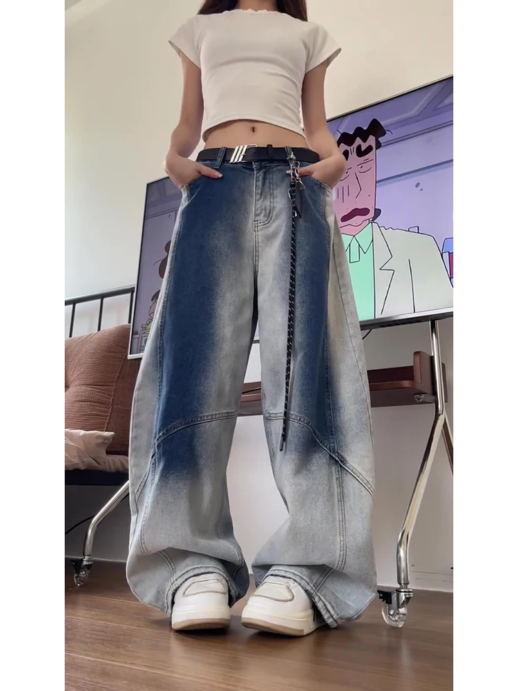 

Ретро-джинсы в американском стиле с эффектом потертости, с высокой талией, свободного прямого кроя, длиной в пол, струящиеся, для женщин