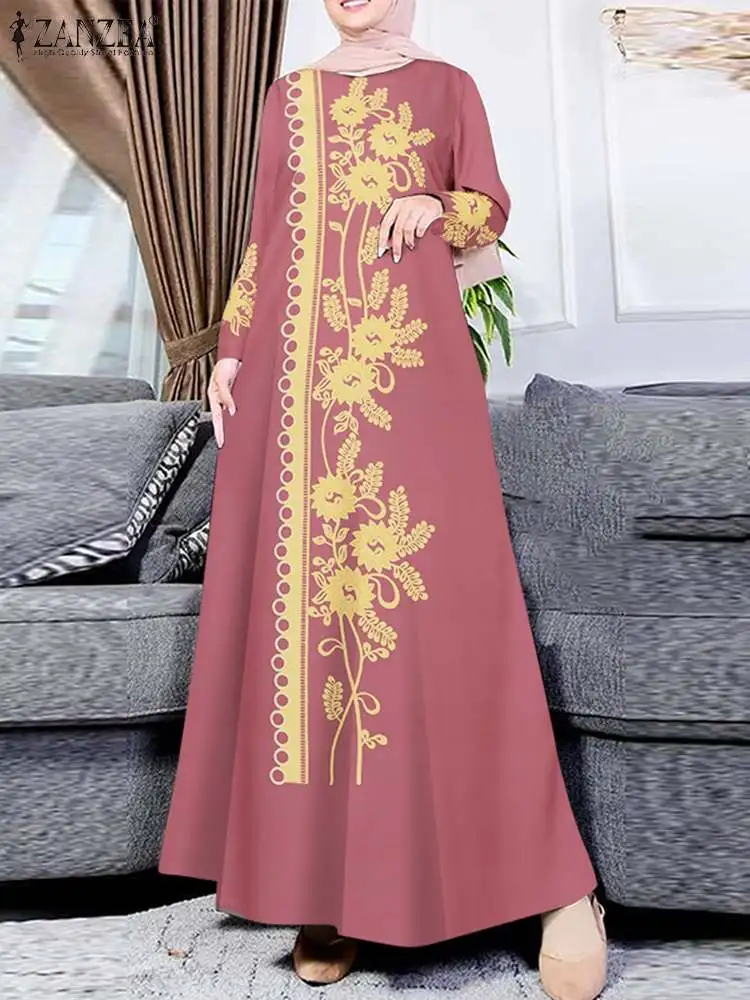 2024 ZANZEA Women Long Sleeve Muslim Dress Vintage Floral Printed Abaya Ramadan Maxi Sundress Robe Femme Dubai Islamic Clothing