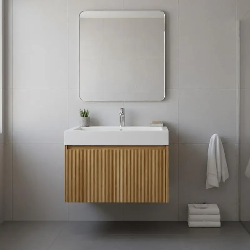 70 cm Wandmontierter Badezimmer-Waschtisch mit weißem, rechteckigem Integralwaschbecken aus Kunstharz, gestreiftem Sperrholzschrank mit einer Schublade, vormontiert, Farbe mit natürlicher Holzmaserung