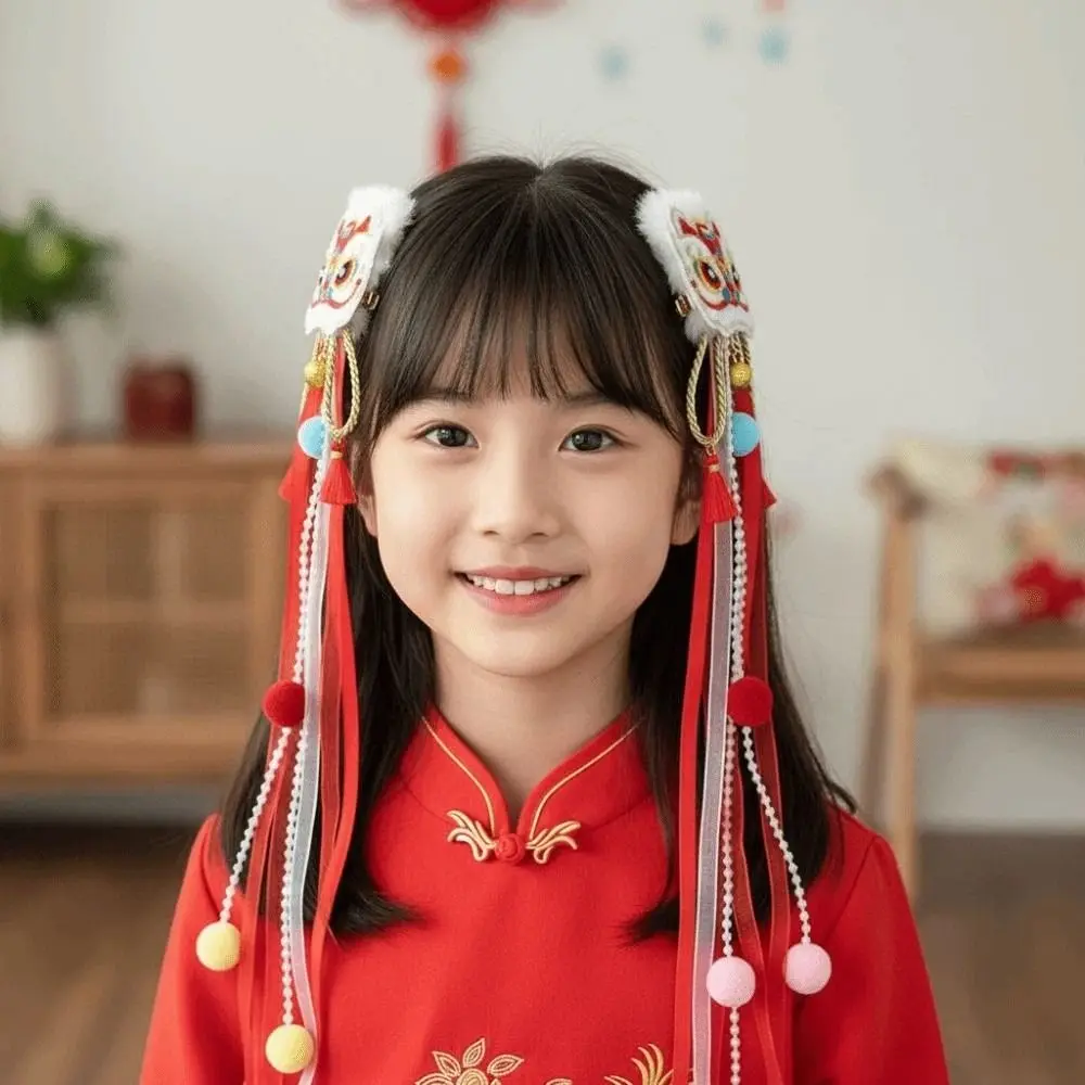 

2pcs Lion Children's Chinese Hairpin Ball Flower New Year Ribbon Barrettes Tassel Tang Suit Ancient Style Hair Clip Party