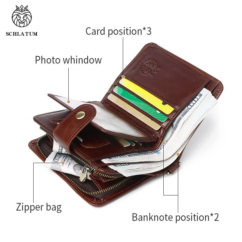 SCHLATUM Men Leather Wallet Vintage Zipper RFID High Quality Brand Male Purse Multifunctional Storage Bag Card Holder