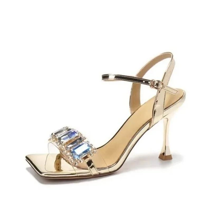 Gold Silver High Heels Sandals Women 2024 Summer Square Toe Shiny Crystal Sandals Woman Ankle Straps Thin Heel Party Pumps Shoes