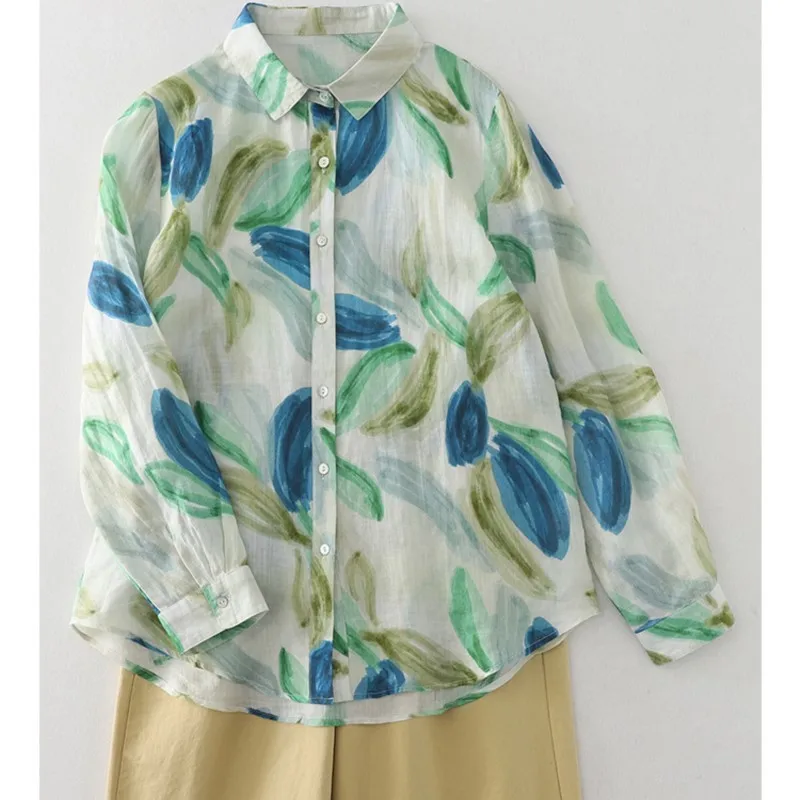 Women Cotton Linen Floral French Artistic Print Shirt Top For Autumn Casual Button Long Sleeve Pink Blouse Korean Style Clothes